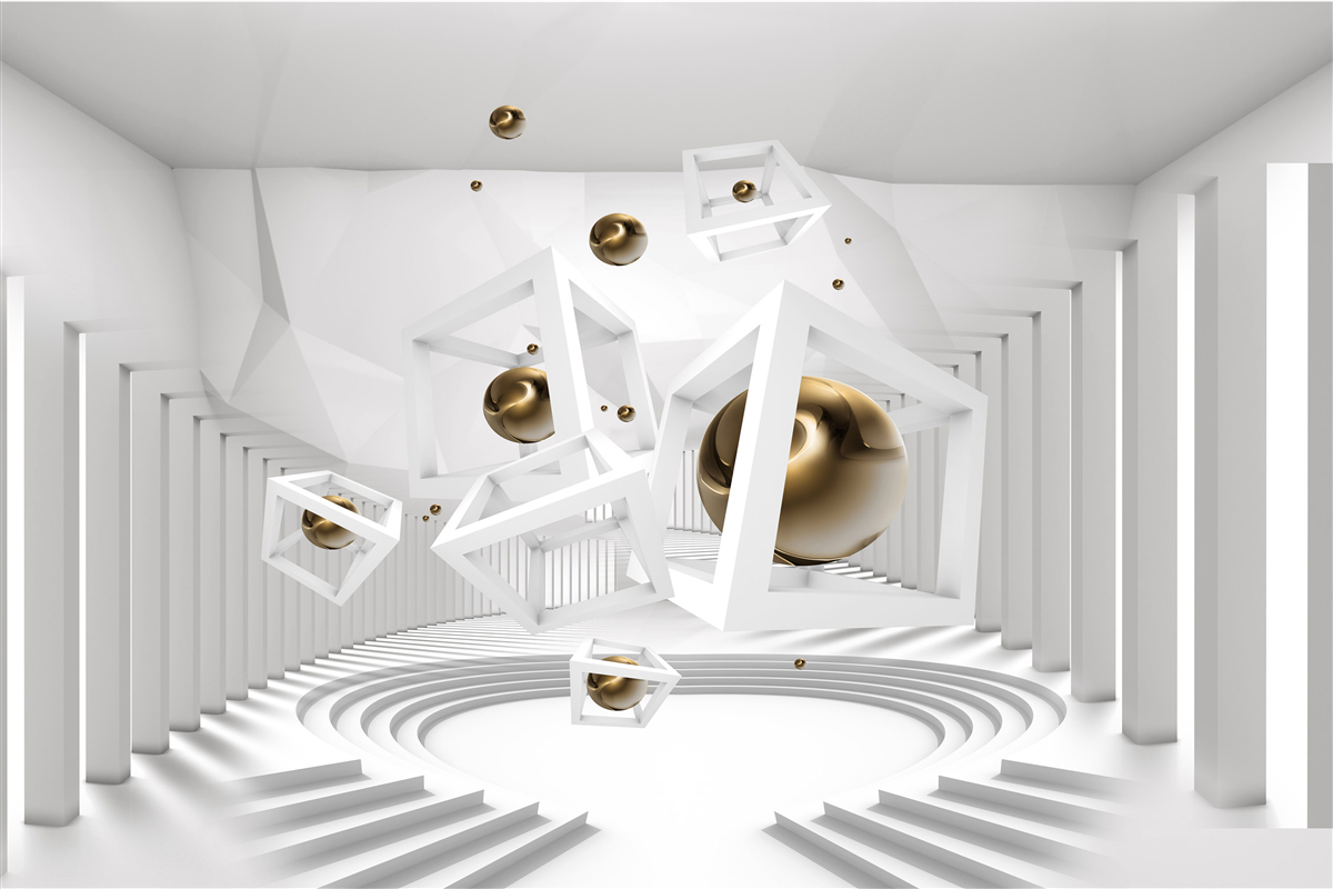 Fotobehang gouden ballen en witte kubussen