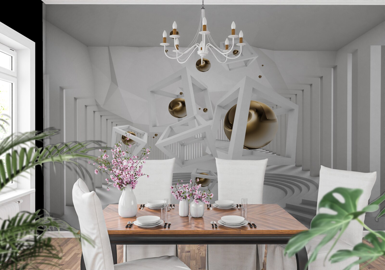 Fotobehang gouden ballen en witte kubussen