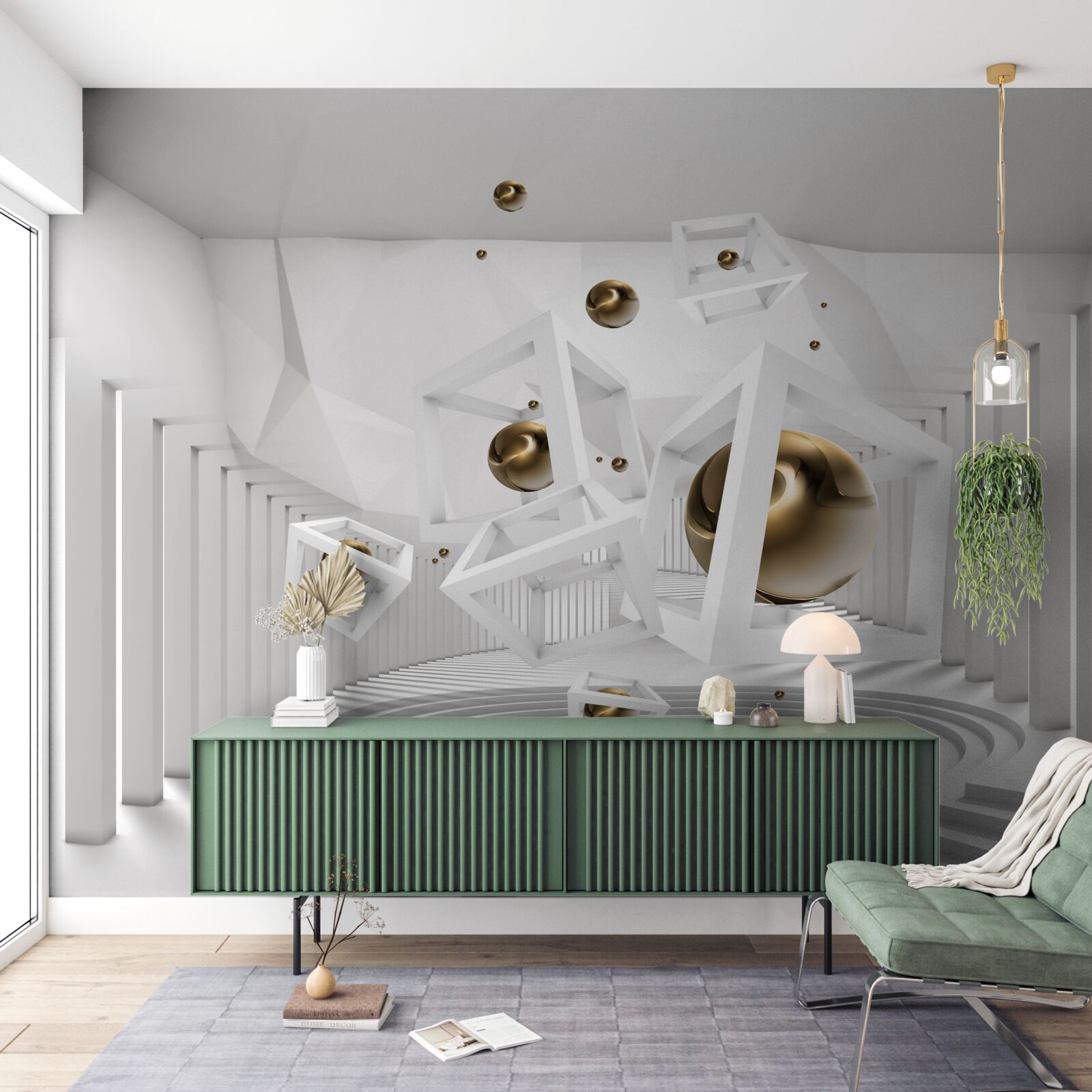 Fotobehang gouden ballen en witte kubussen