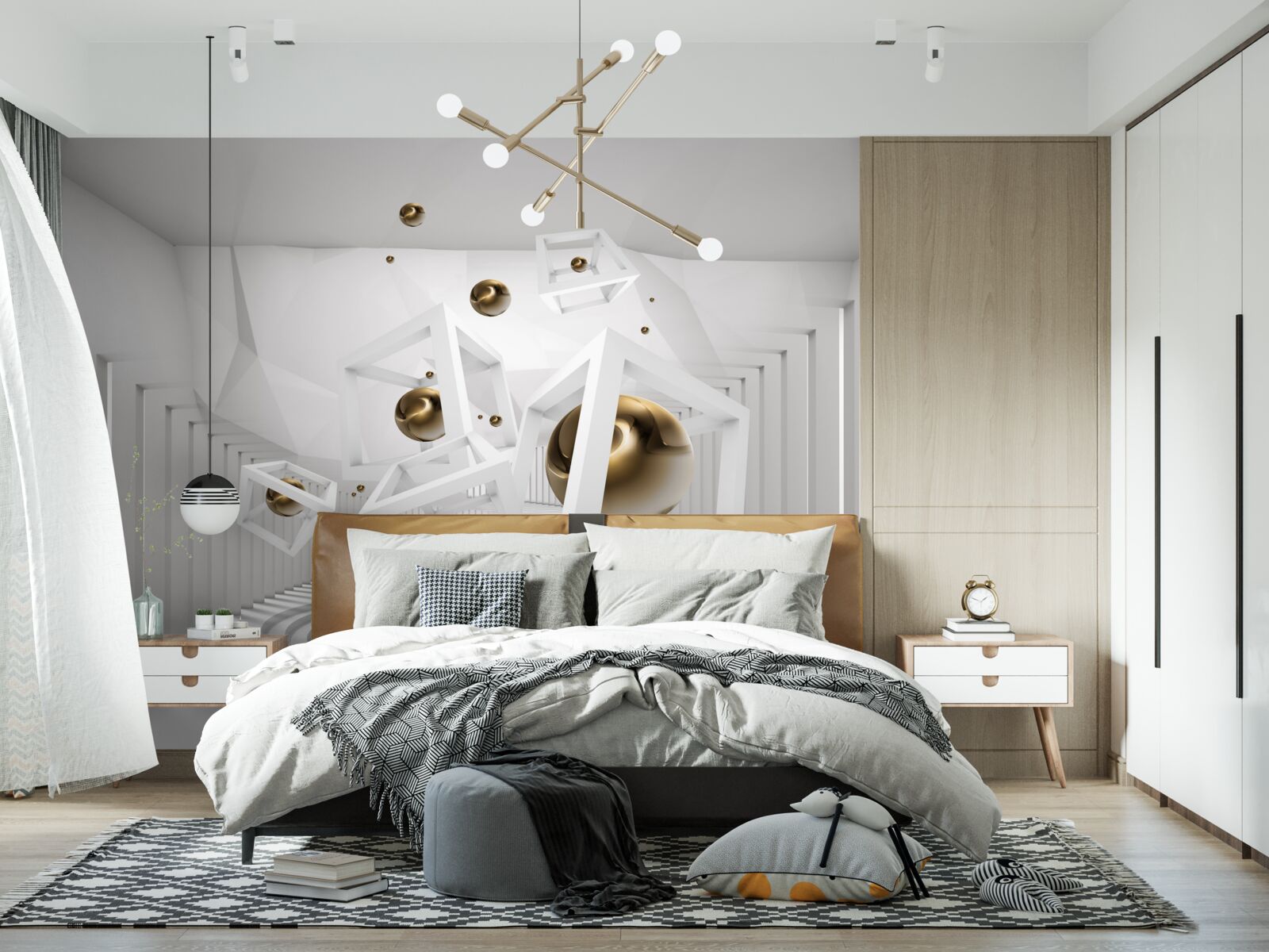 Fotobehang gouden ballen en witte kubussen