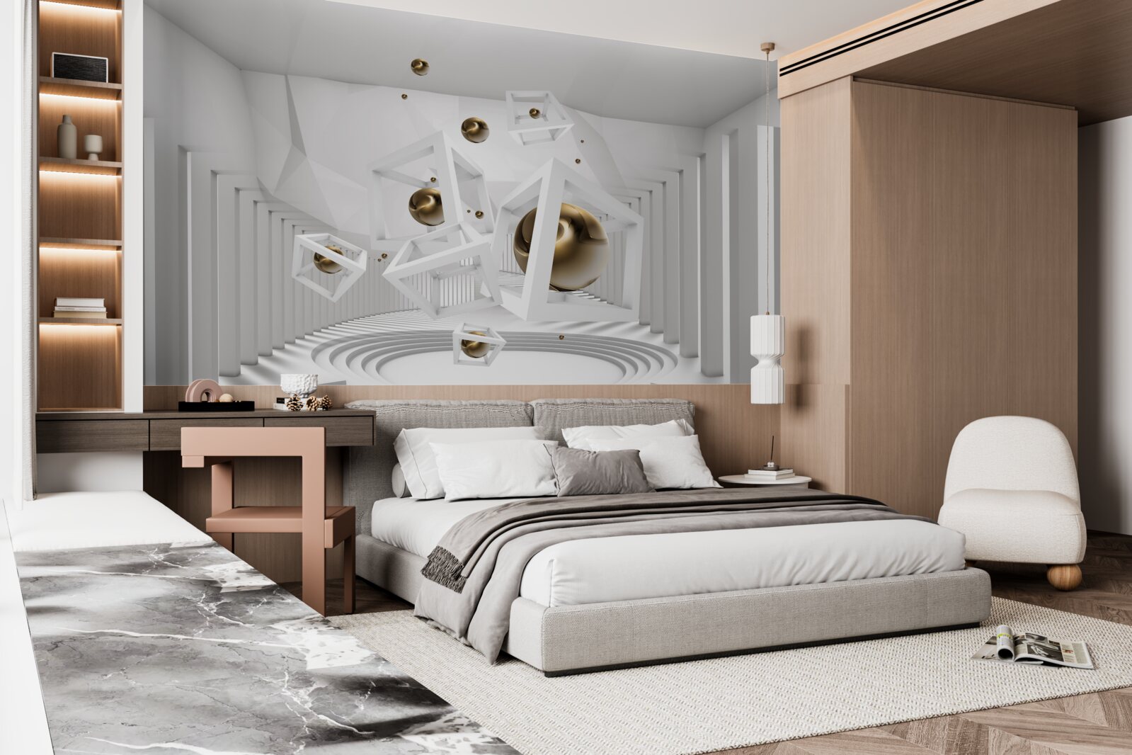 Fotobehang gouden ballen en witte kubussen