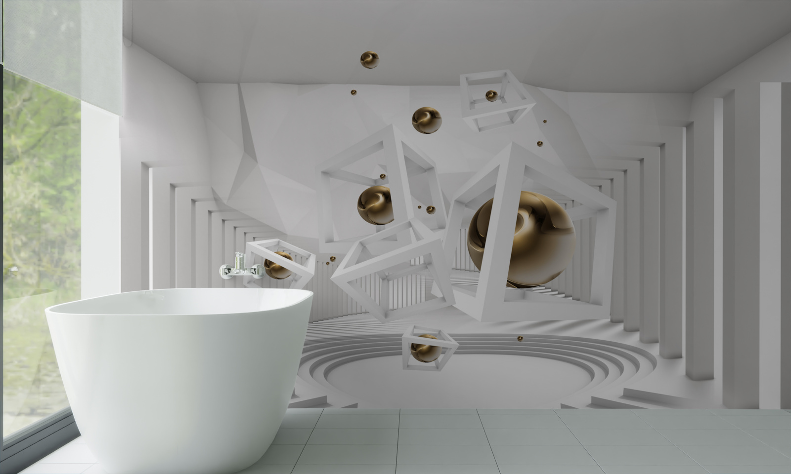 Fotobehang gouden ballen en witte kubussen