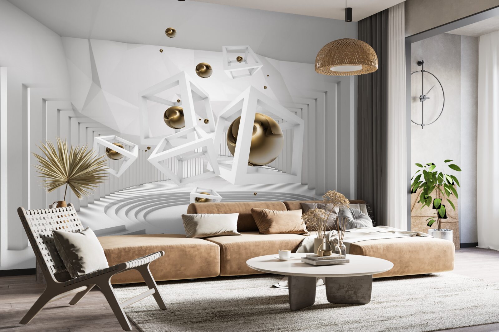 Fotobehang gouden ballen en witte kubussen