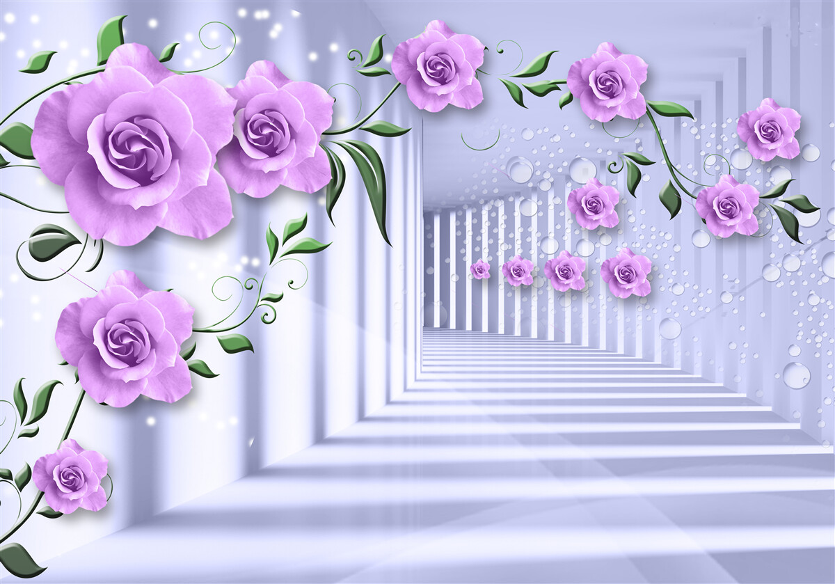 Fotobehang roze lila takken en een sneeuwwitte gang