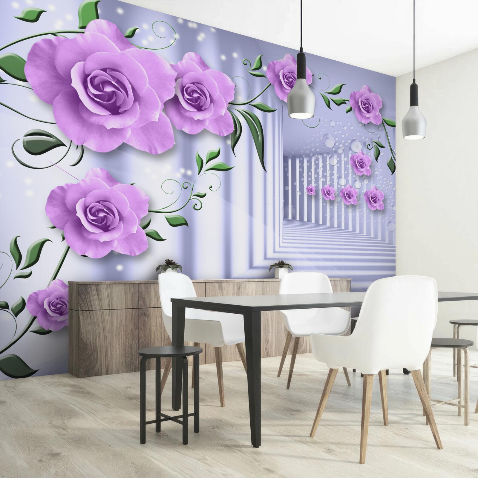 Fotobehang roze lila takken en een sneeuwwitte gang