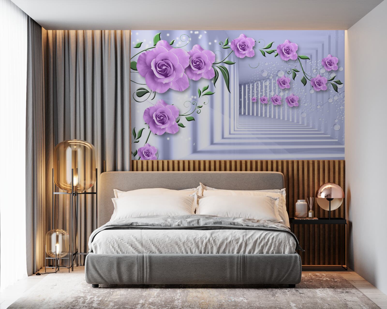 Fotobehang roze lila takken en een sneeuwwitte gang