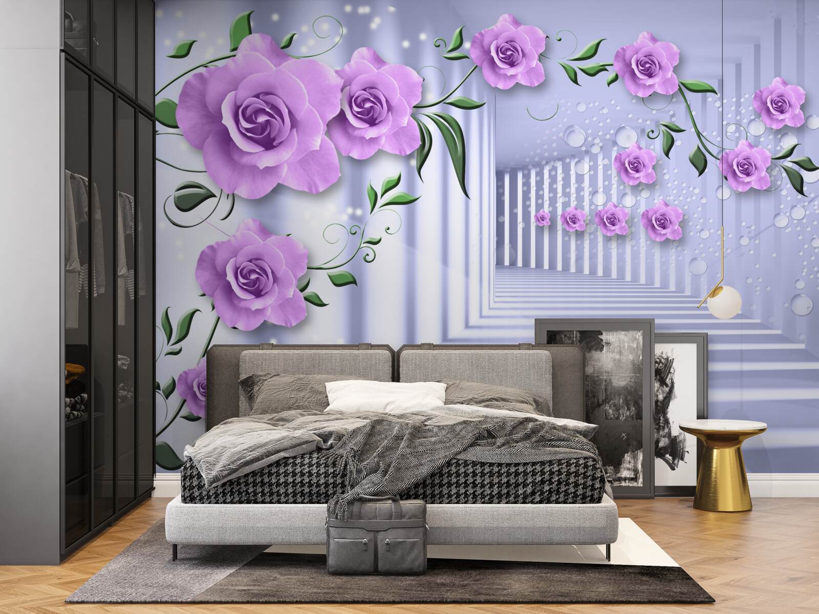 Fotobehang roze lila takken en een sneeuwwitte gang