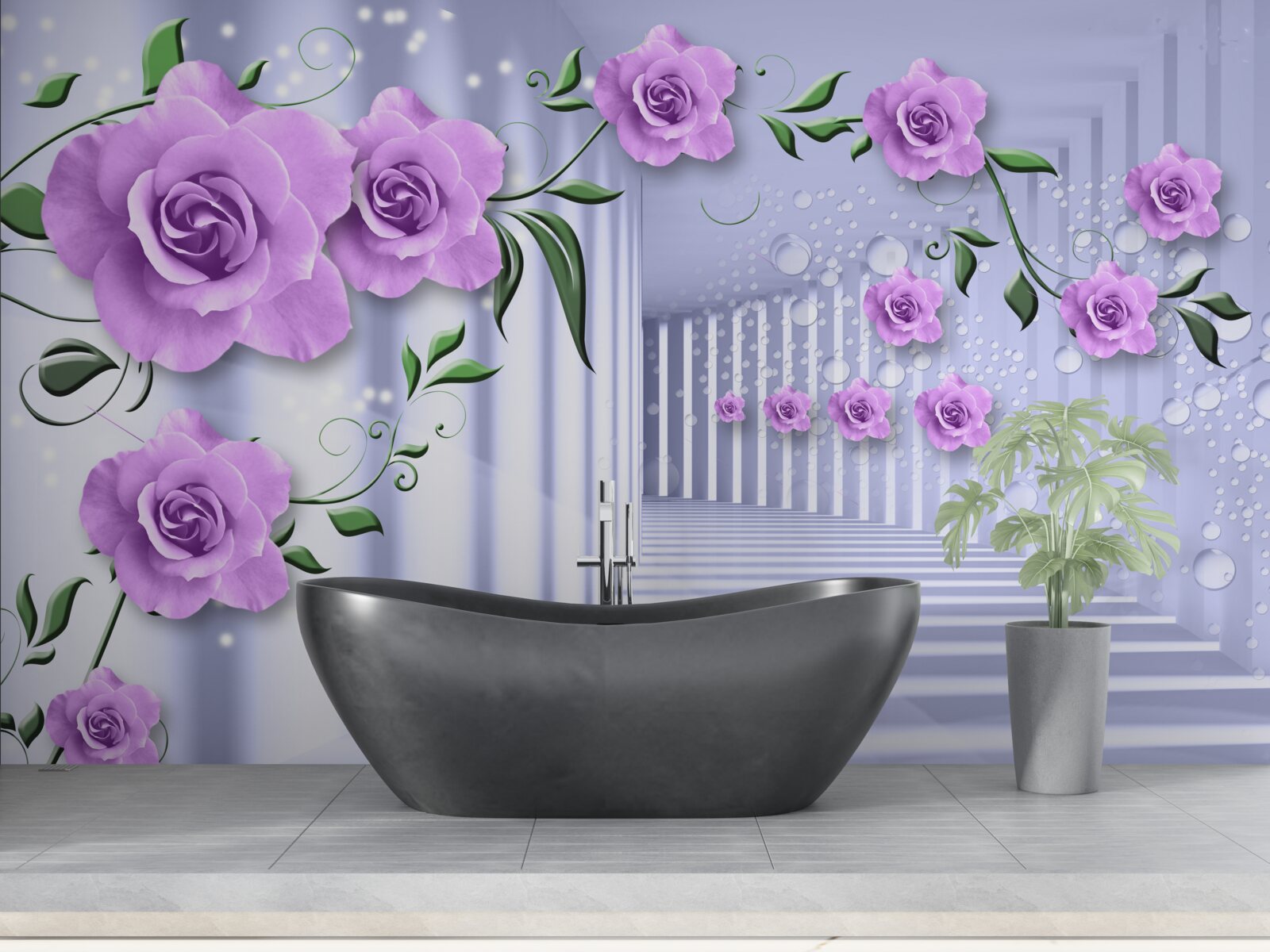 Fotobehang roze lila takken en een sneeuwwitte gang