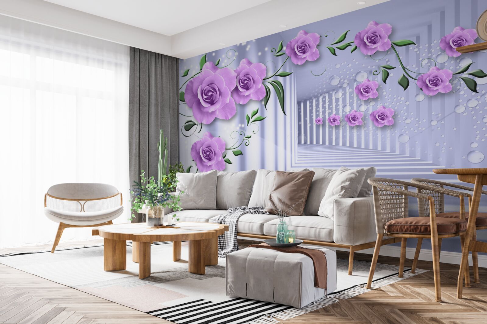 Fotobehang roze lila takken en een sneeuwwitte gang