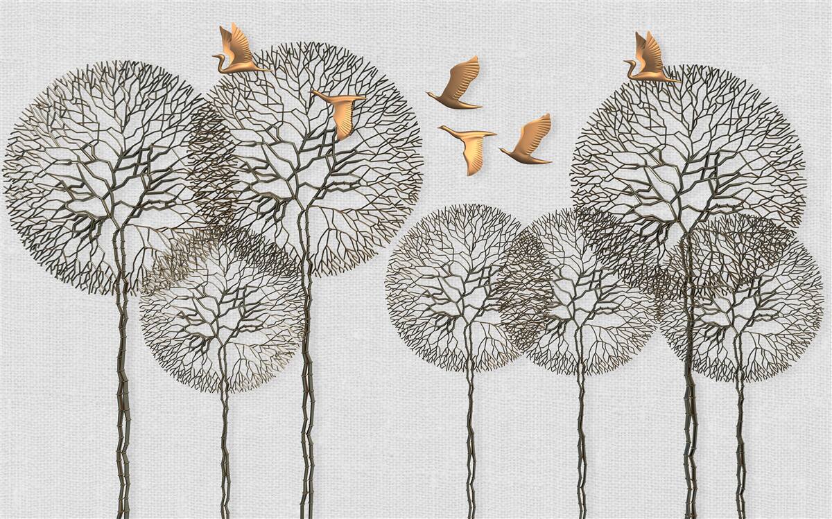 Fotobehang ongewone bolvormige boomformaties en vergulde vogels