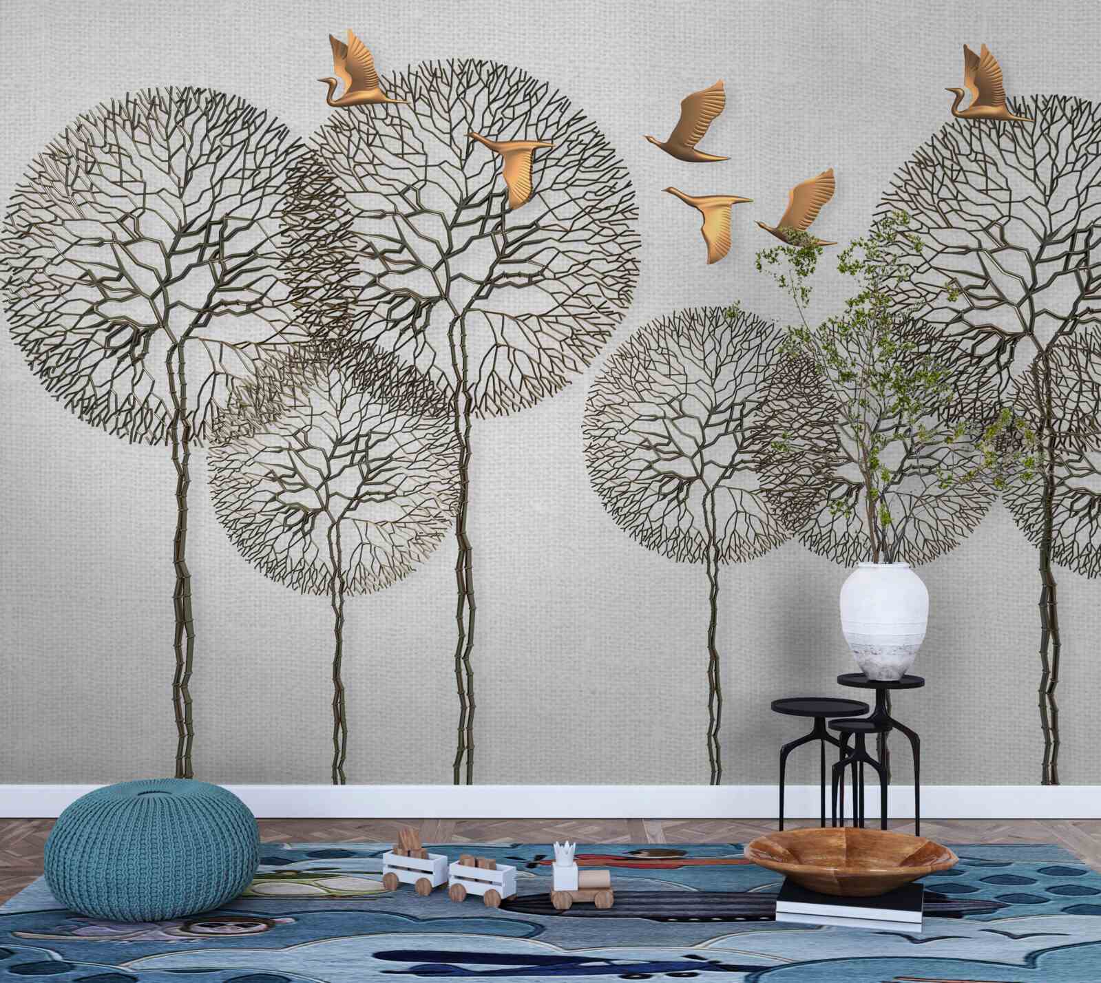 Fotobehang ongewone bolvormige boomformaties en vergulde vogels