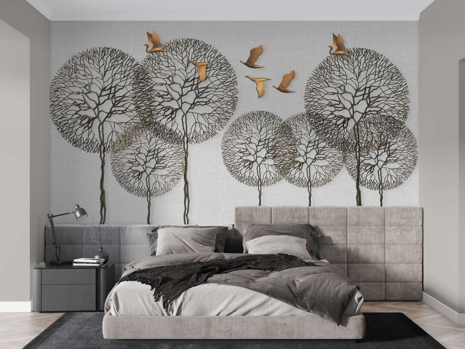 Fotobehang ongewone bolvormige boomformaties en vergulde vogels