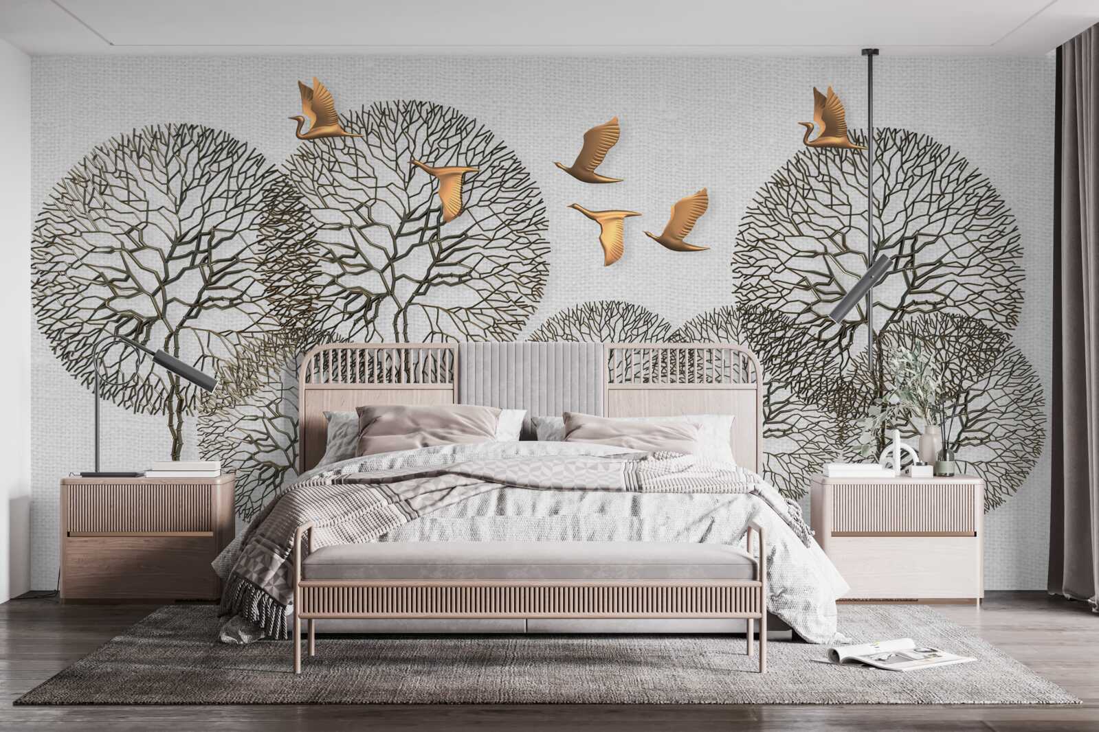 Fotobehang ongewone bolvormige boomformaties en vergulde vogels