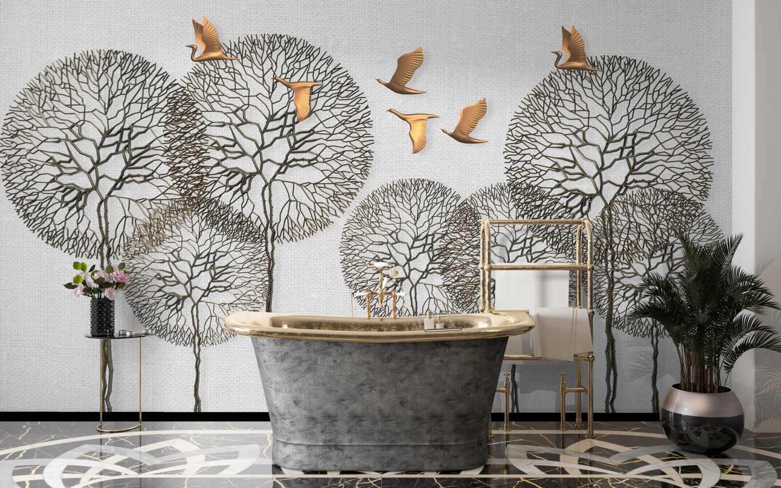 Fotobehang ongewone bolvormige boomformaties en vergulde vogels