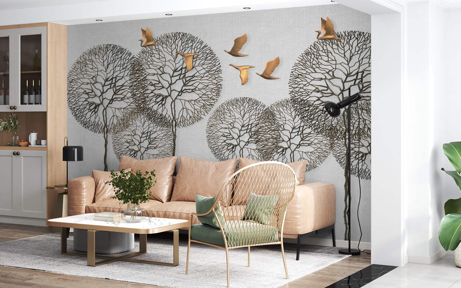 Fotobehang ongewone bolvormige boomformaties en vergulde vogels