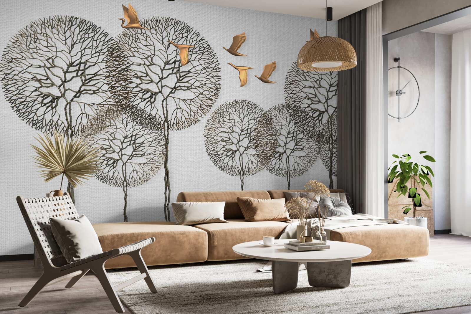 Fotobehang ongewone bolvormige boomformaties en vergulde vogels