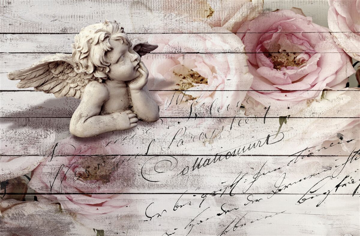 Fotobehang attent engeltje op de parketvloer