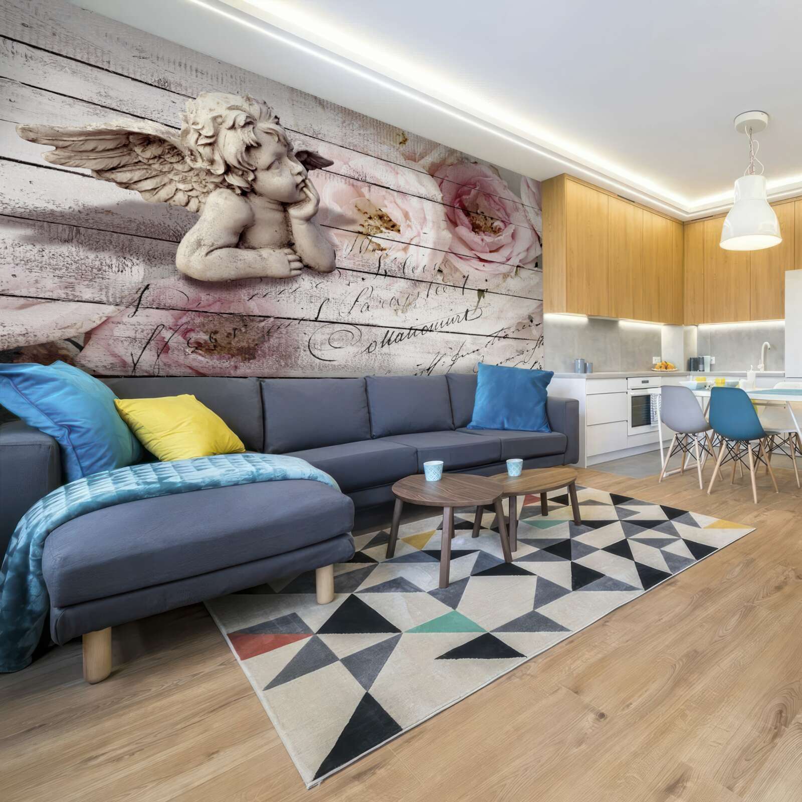 Fotobehang attent engeltje op de parketvloer