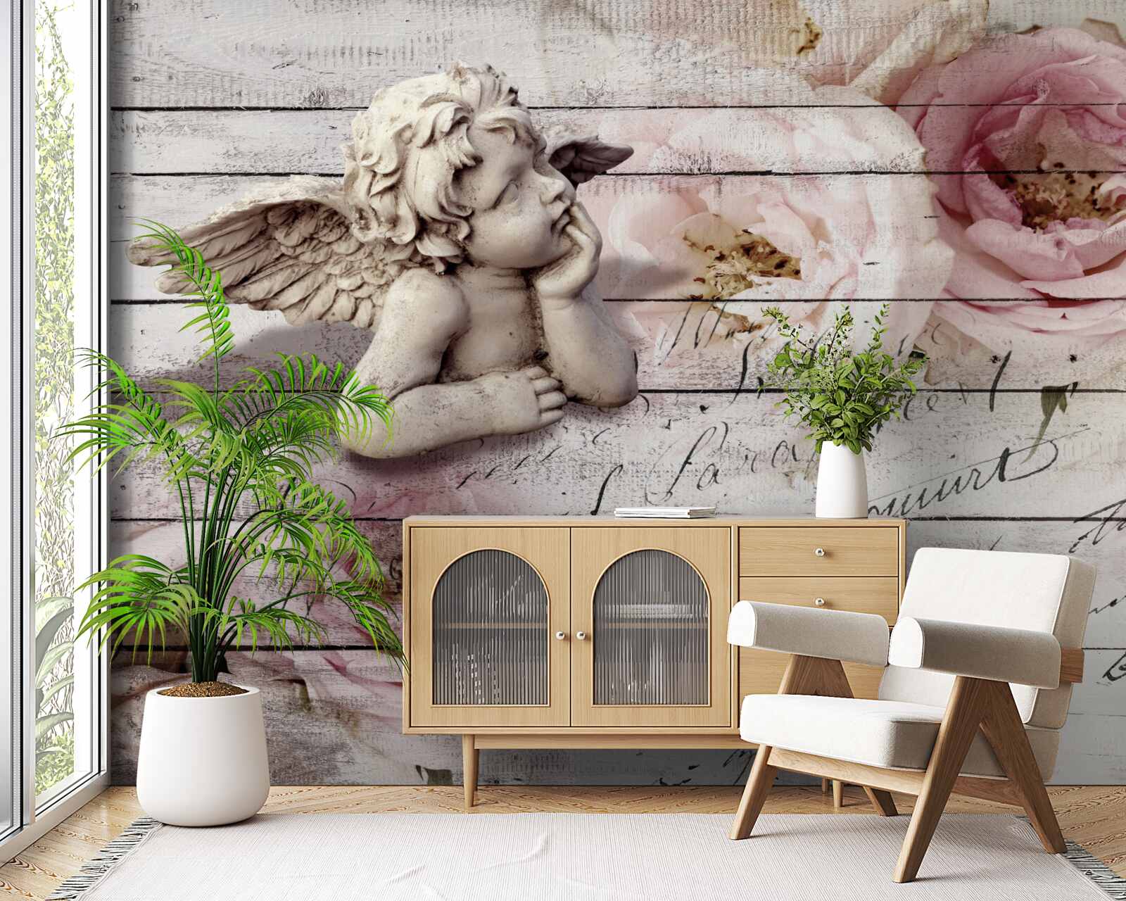 Fotobehang attent engeltje op de parketvloer