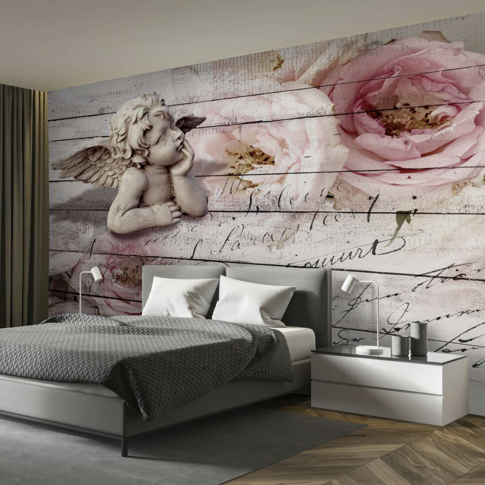 Fotobehang attent engeltje op de parketvloer