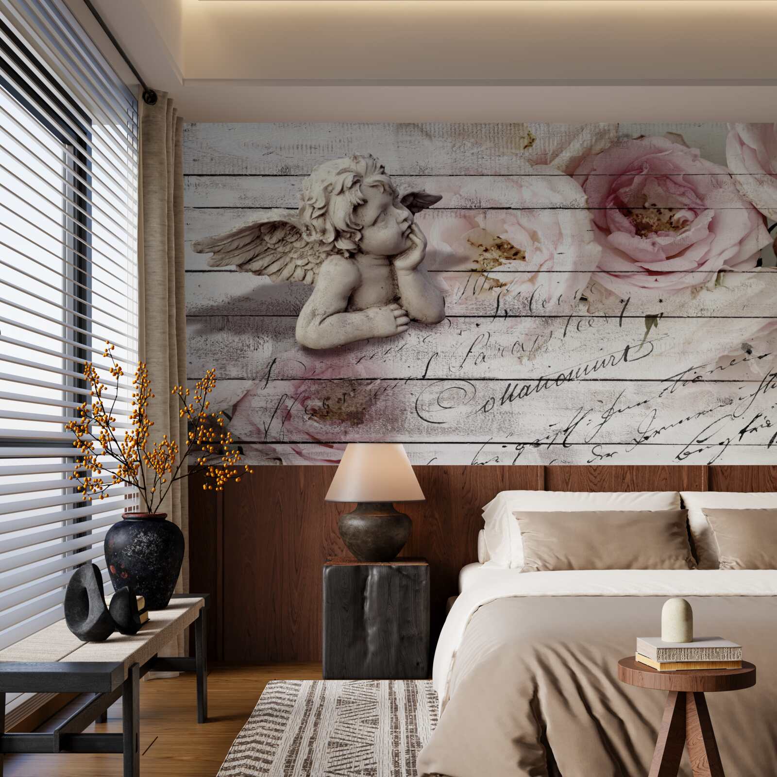 Fotobehang attent engeltje op de parketvloer