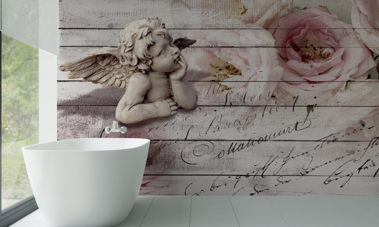 Fotobehang attent engeltje op de parketvloer