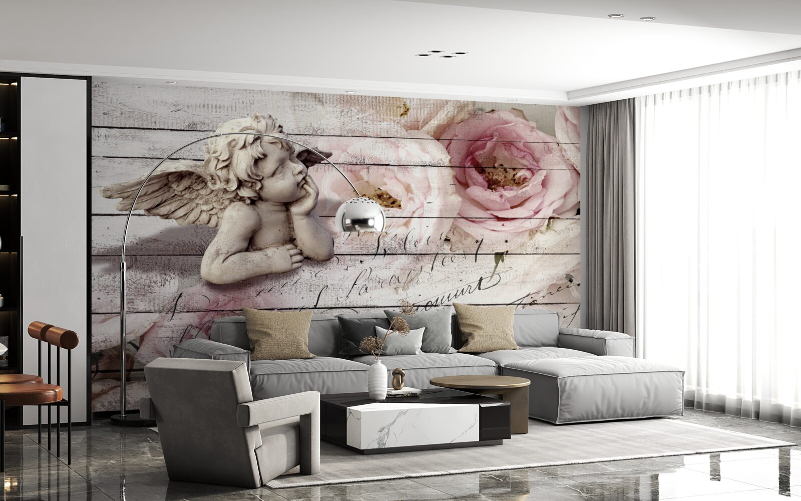 Fotobehang attent engeltje op de parketvloer