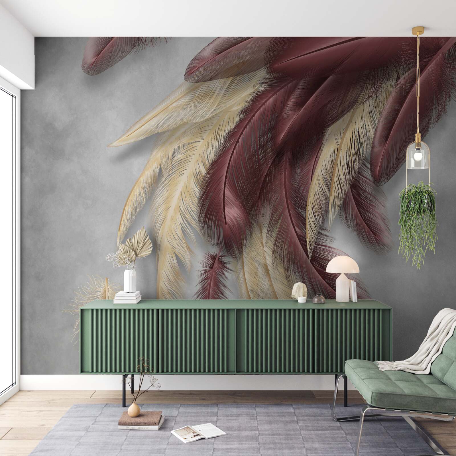 Fotobehang veren in gouden en paarse tinten