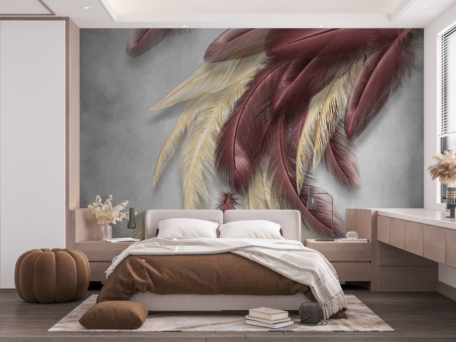 Fotobehang veren in gouden en paarse tinten