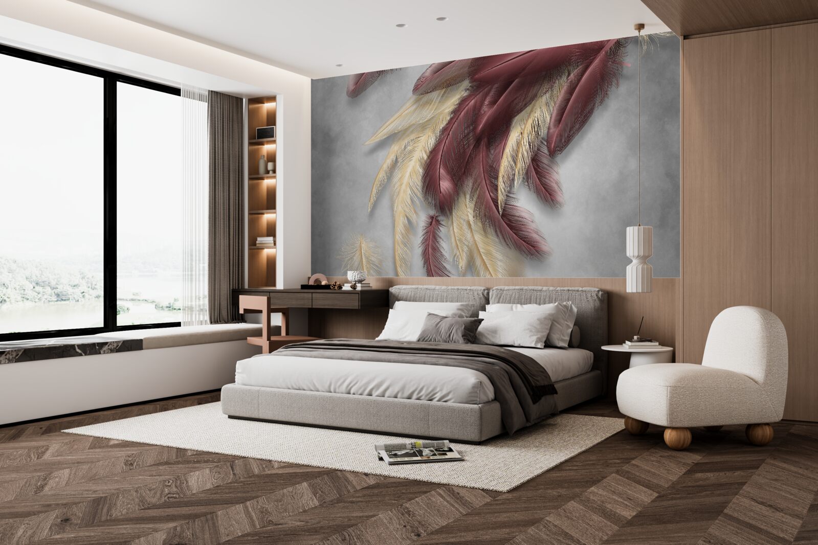 Fotobehang veren in gouden en paarse tinten