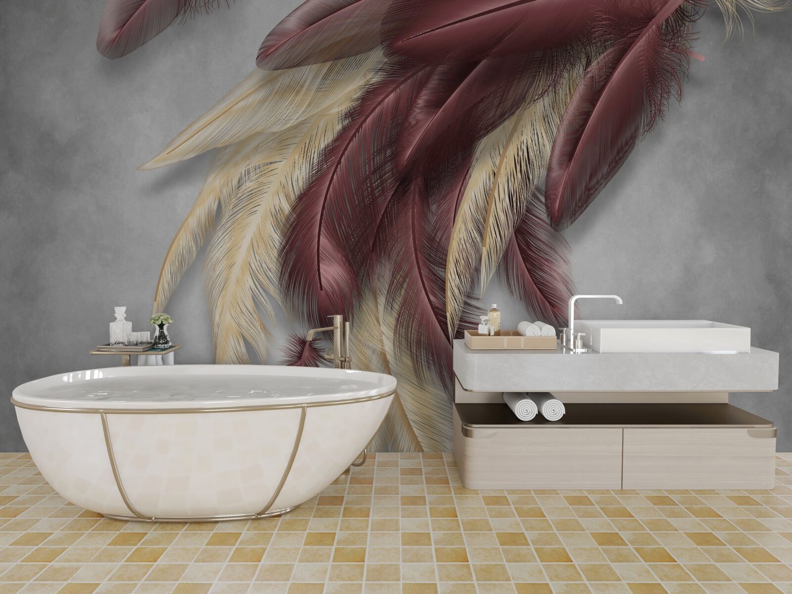 Fotobehang veren in gouden en paarse tinten