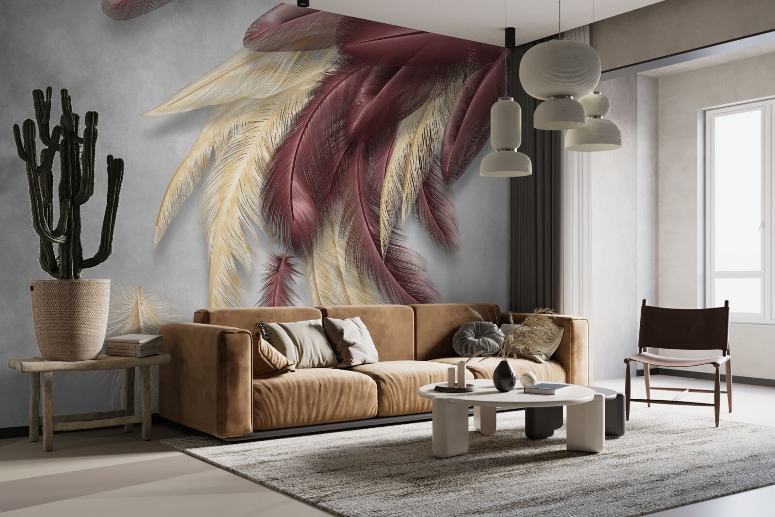 Fotobehang veren in gouden en paarse tinten