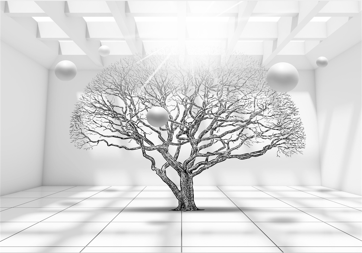 Fotobehang bladerloze boom in het midden van een heldere ruimte