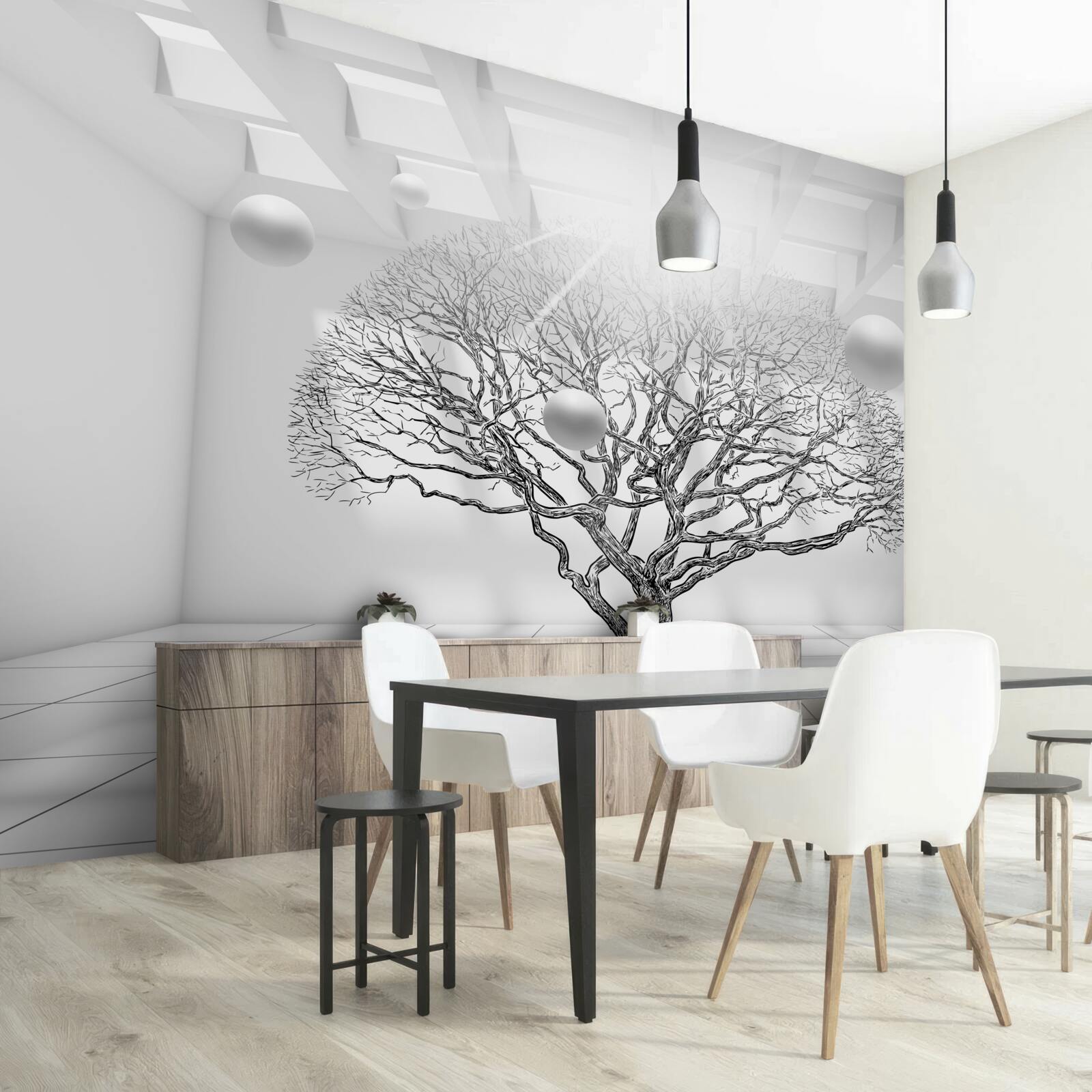 Fotobehang bladerloze boom in het midden van een heldere ruimte