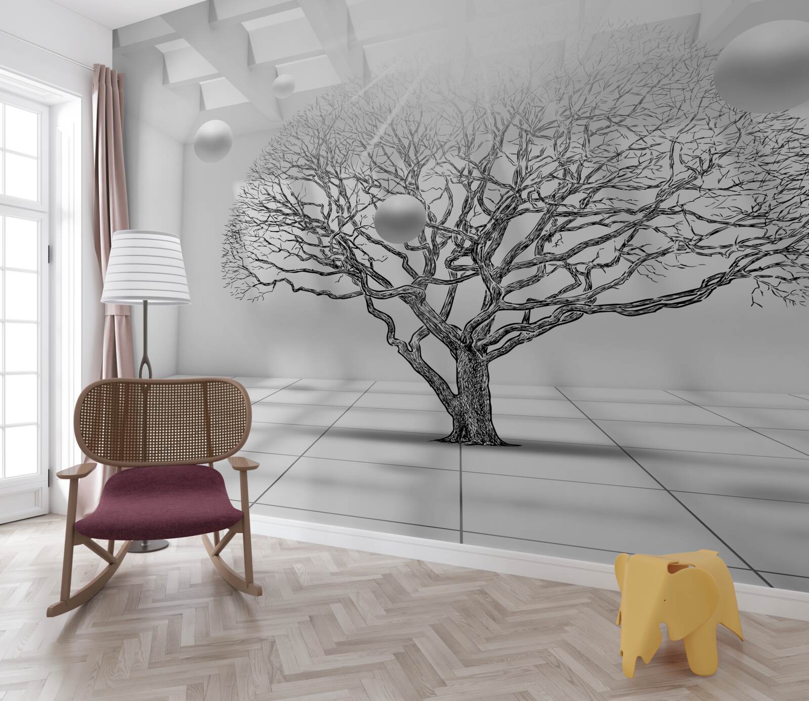 Fotobehang bladerloze boom in het midden van een heldere ruimte