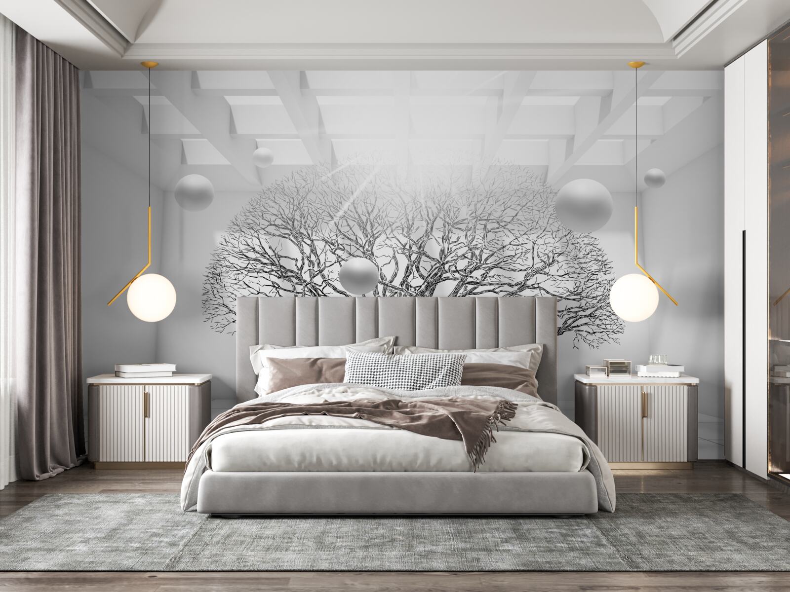 Fotobehang bladerloze boom in het midden van een heldere ruimte