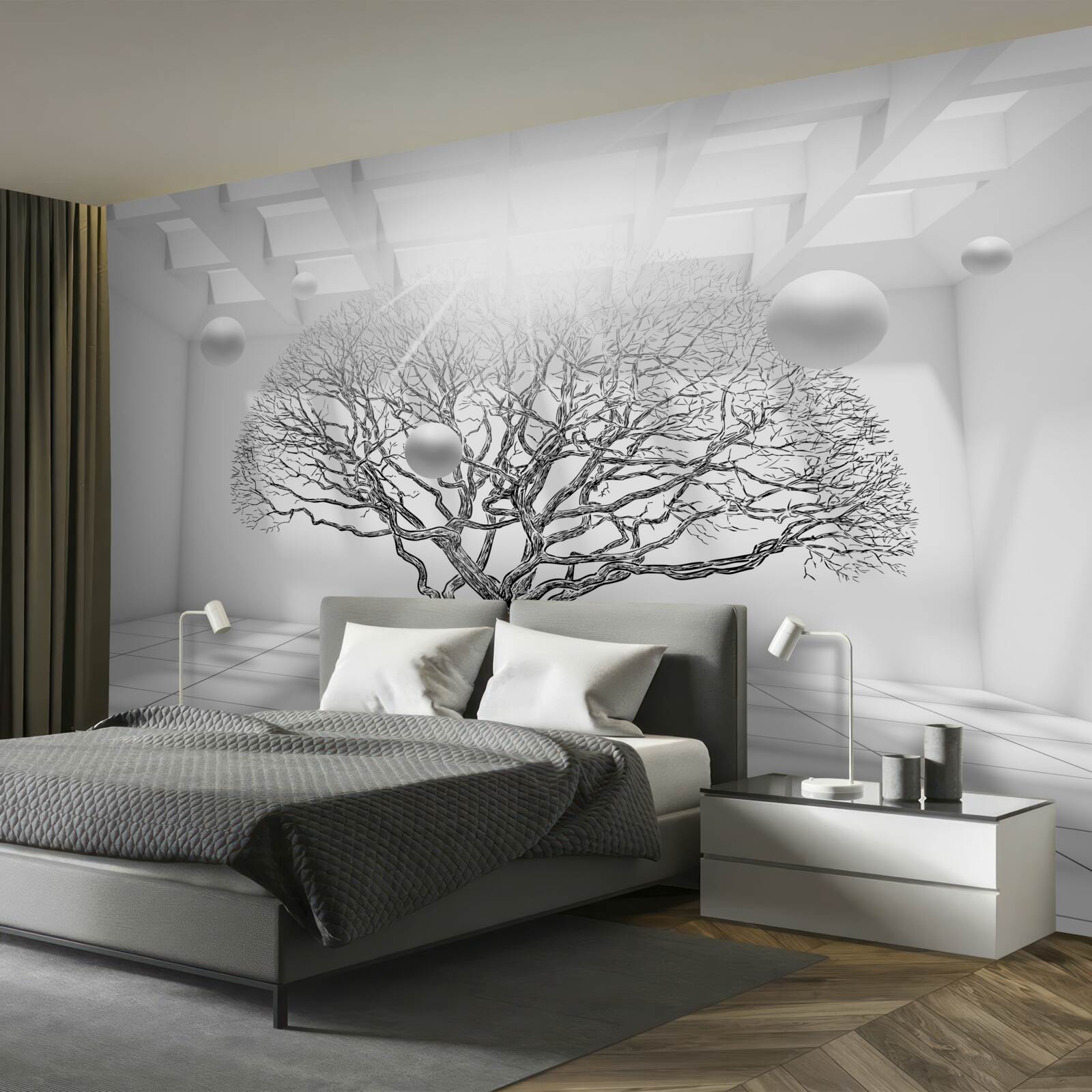 Fotobehang bladerloze boom in het midden van een heldere ruimte