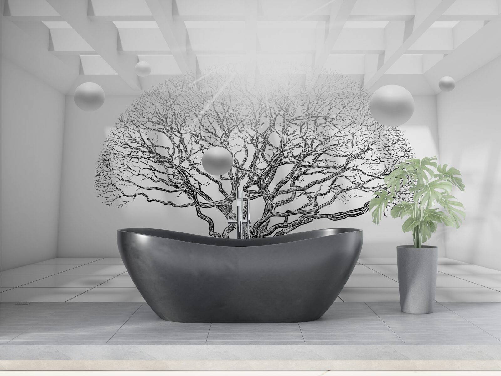 Fotobehang bladerloze boom in het midden van een heldere ruimte