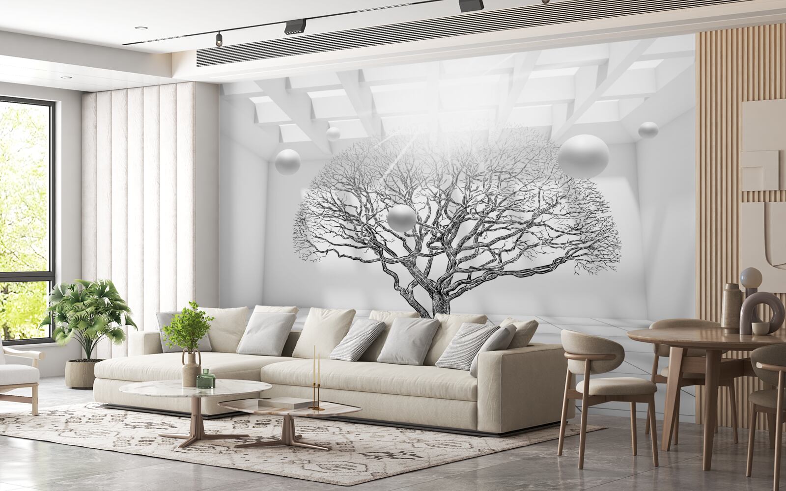 Fotobehang bladerloze boom in het midden van een heldere ruimte