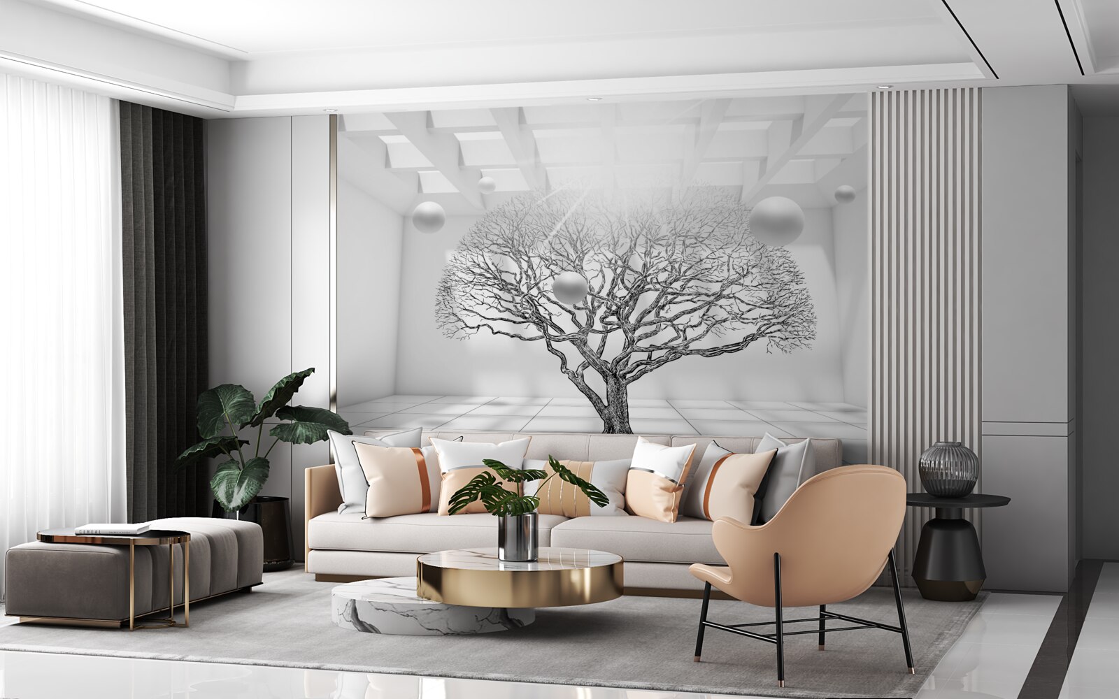 Fotobehang bladerloze boom in het midden van een heldere ruimte