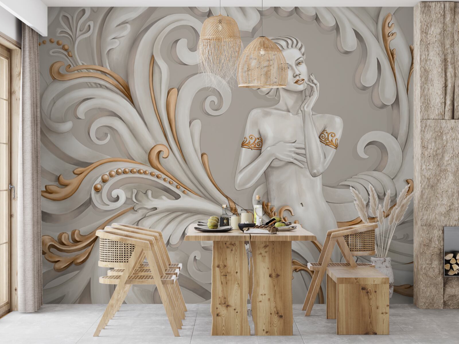 Fotobehang ongeklede, blanke vrouw met witte krullen met roze zweem