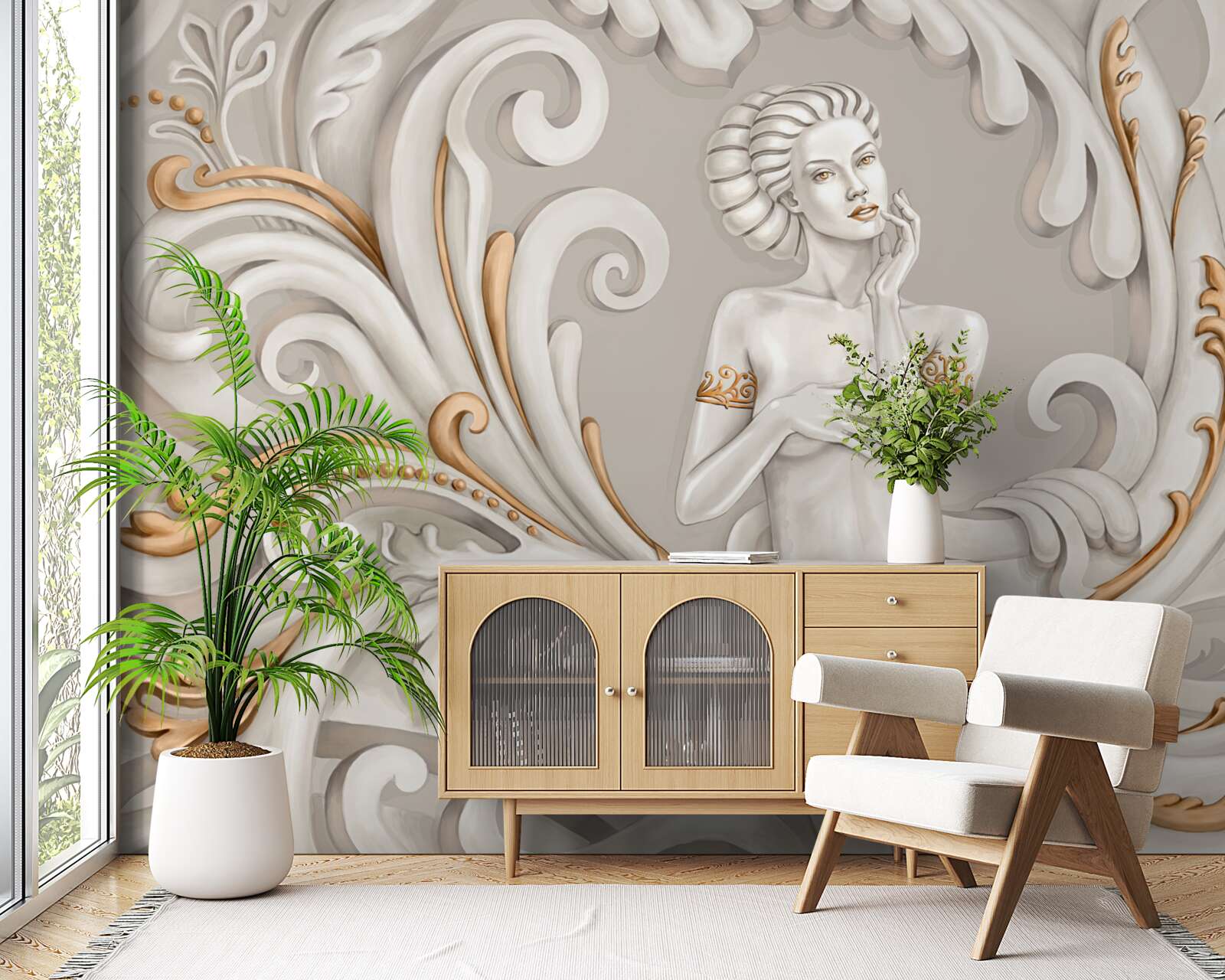 Fotobehang ongeklede, blanke vrouw met witte krullen met roze zweem