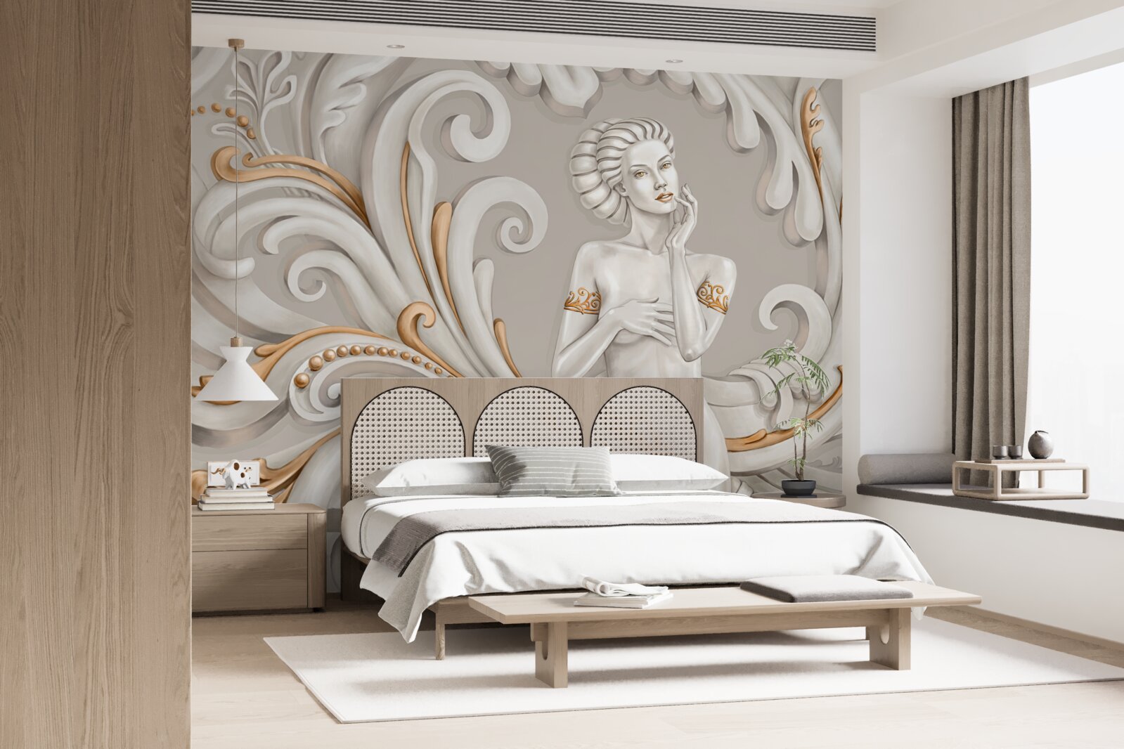 Fotobehang ongeklede, blanke vrouw met witte krullen met roze zweem