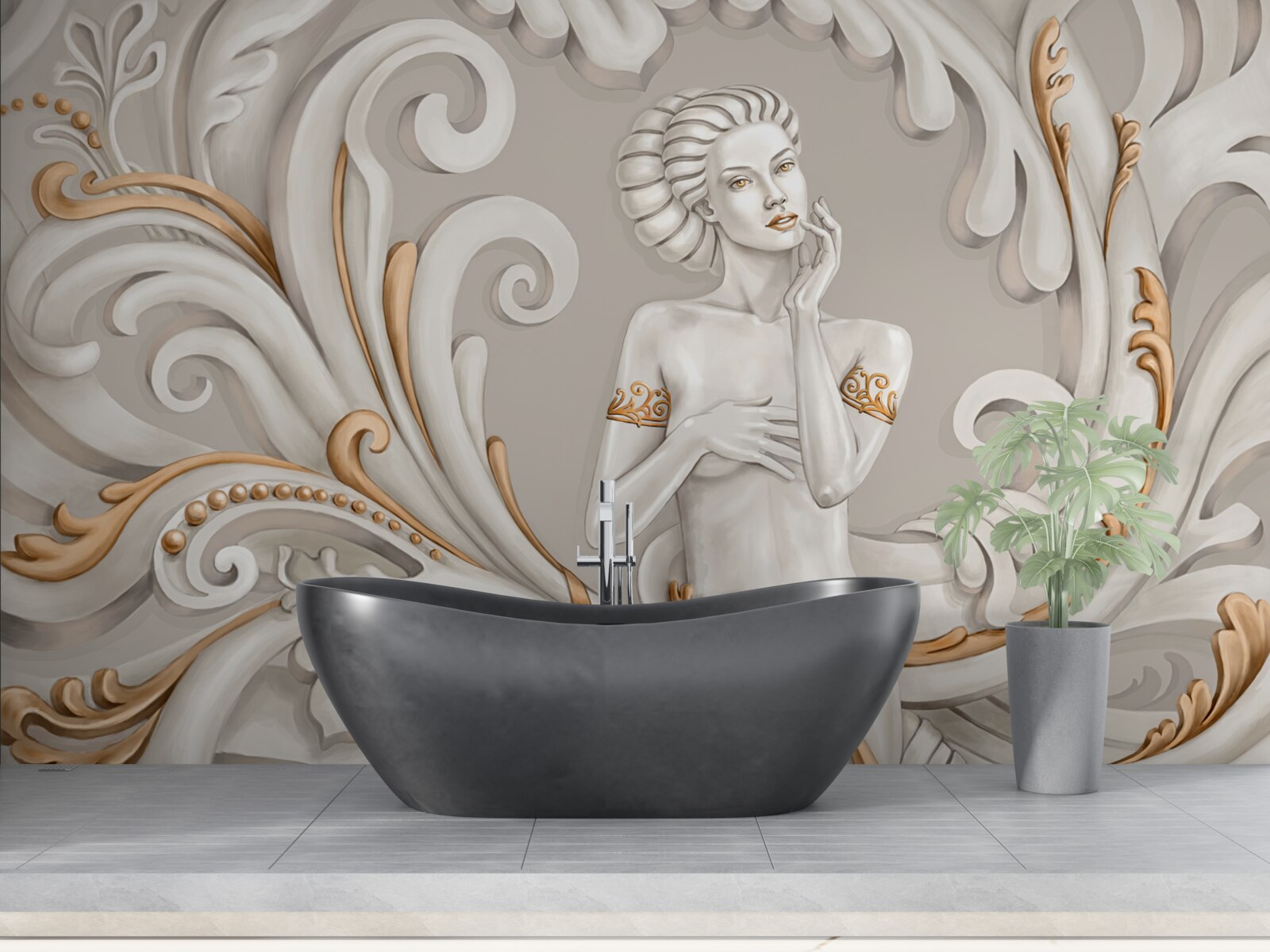 Fotobehang ongeklede, blanke vrouw met witte krullen met roze zweem