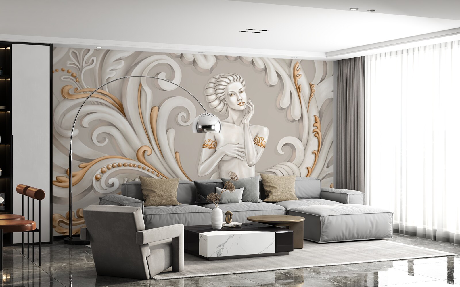 Fotobehang ongeklede, blanke vrouw met witte krullen met roze zweem