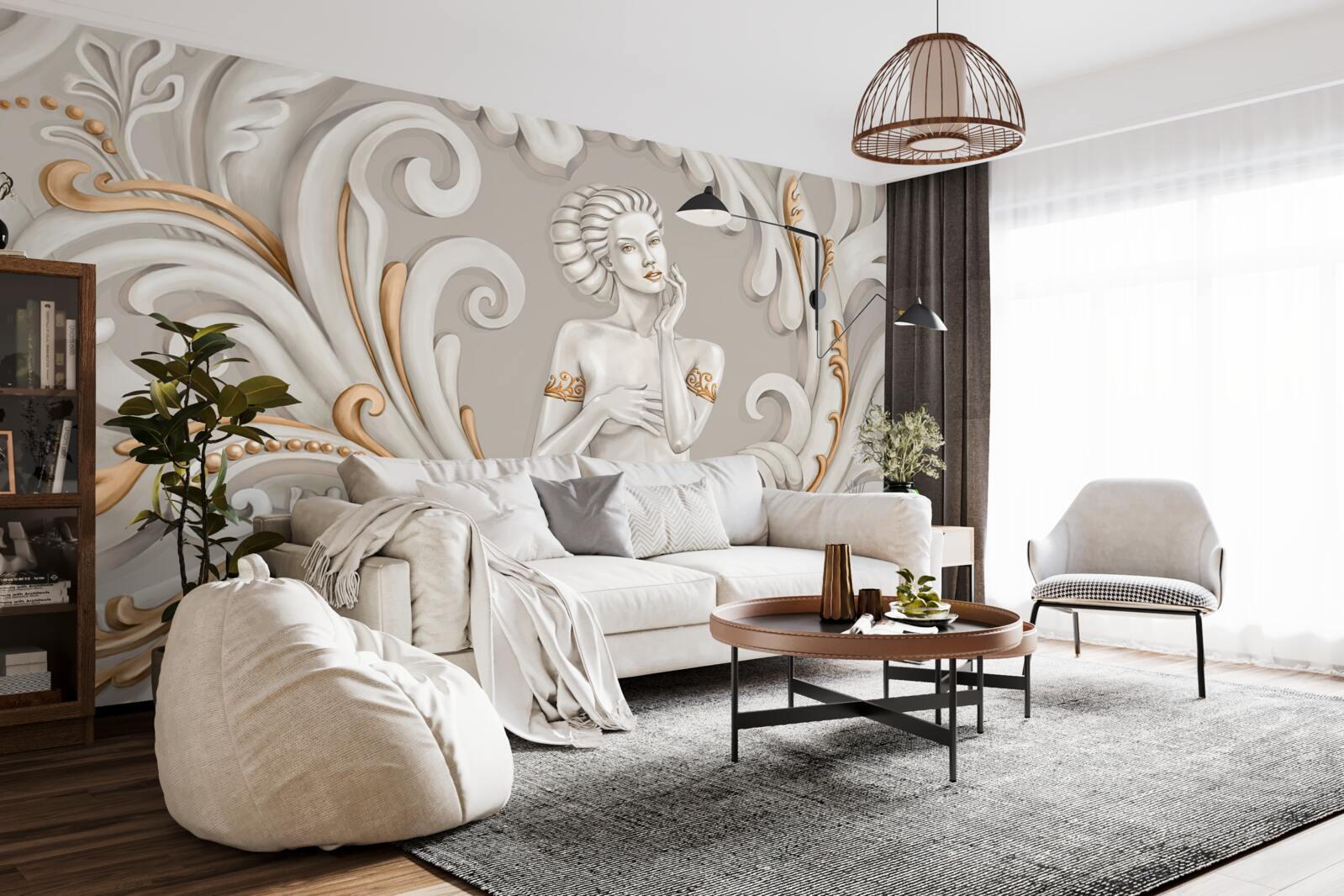 Fotobehang ongeklede, blanke vrouw met witte krullen met roze zweem