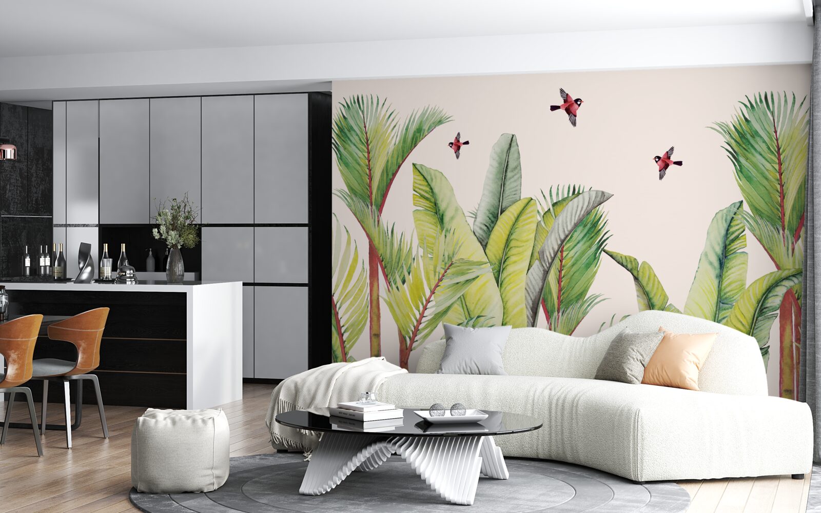 Fotobehang groen onder de vleugels van vogels