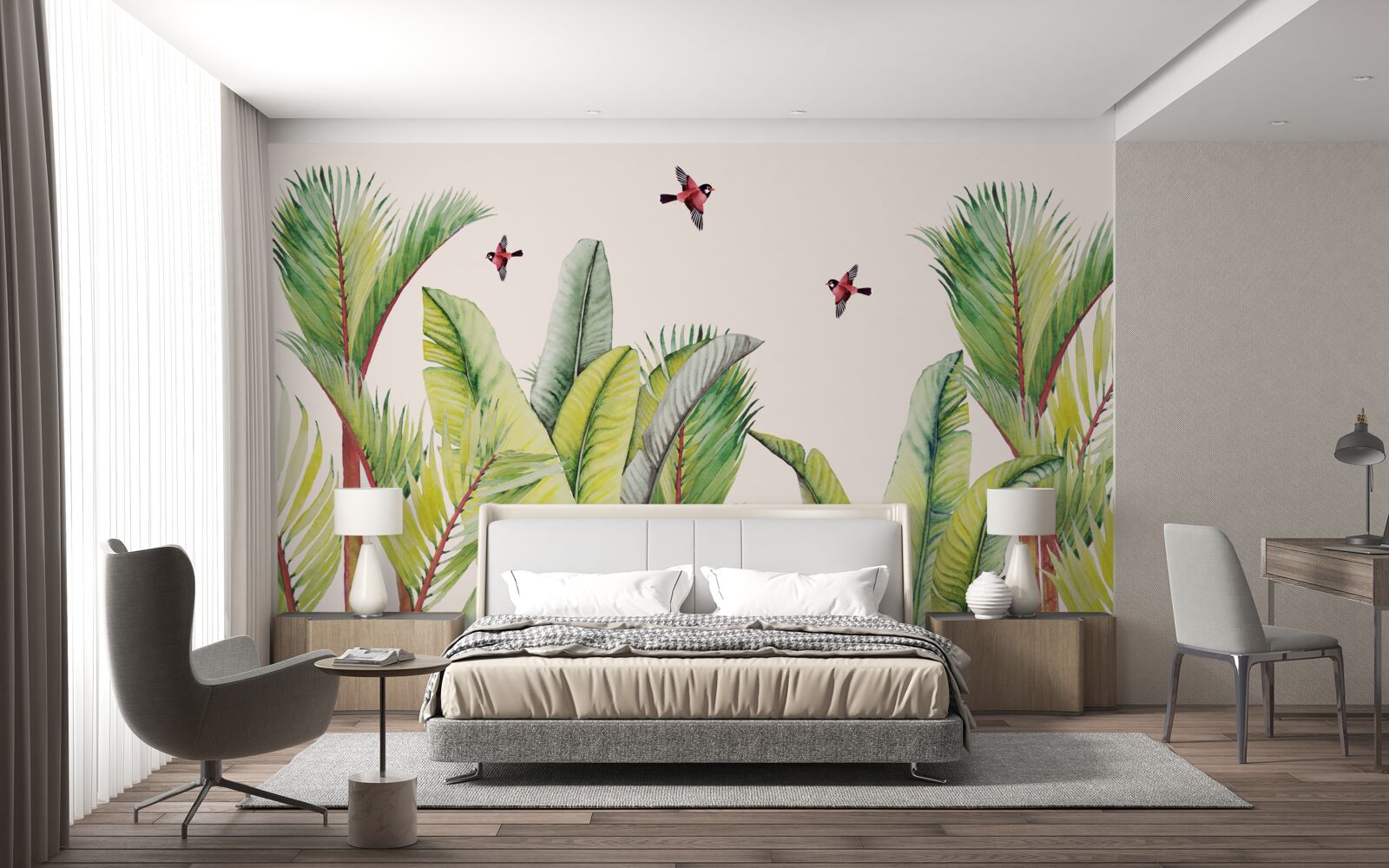 Fotobehang groen onder de vleugels van vogels