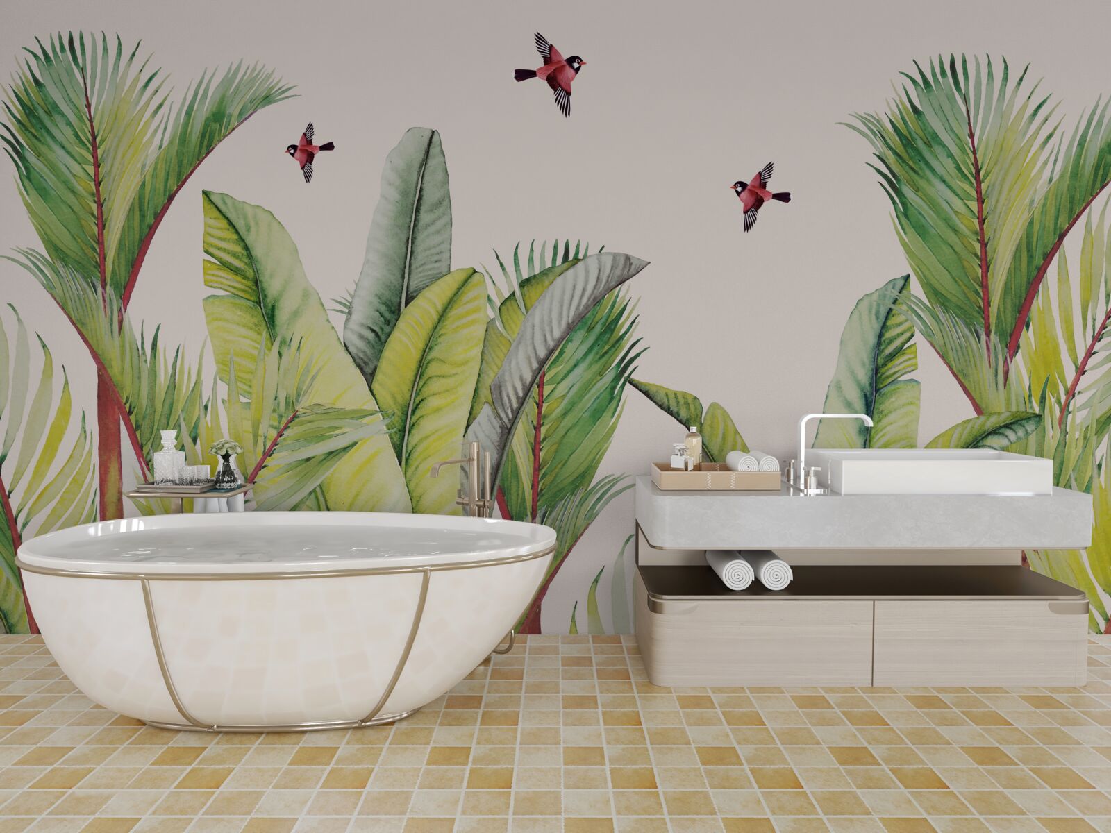 Fotobehang groen onder de vleugels van vogels