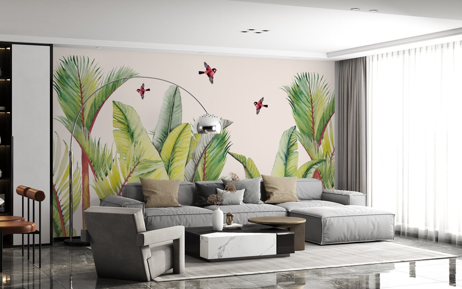 Fotobehang groen onder de vleugels van vogels